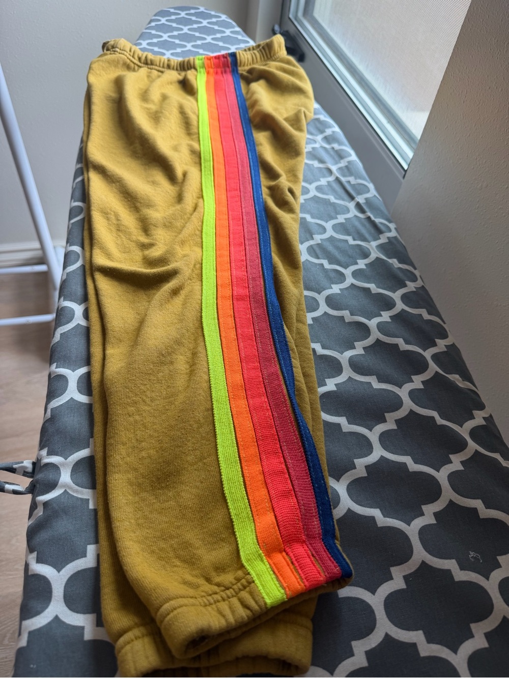 Aviator Nation Women’s Mustard Sweatpants with Rainbow Side Stripes